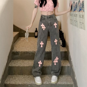 十字架牛仔裤女夏新款高腰直筒宽松阔腿裤裤子高街ins潮图片