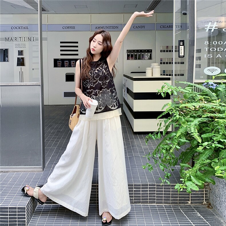 黑色镂空提花背心套装女2025夏季新款松弛感穿搭气质阔腿裤两件套,女装套装/套裙,2C323