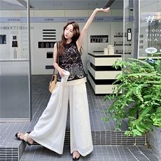黑色镂空提花背心套装女2025夏季新款松弛感穿搭气质阔腿裤两件套，女装套装/套裙，2C323