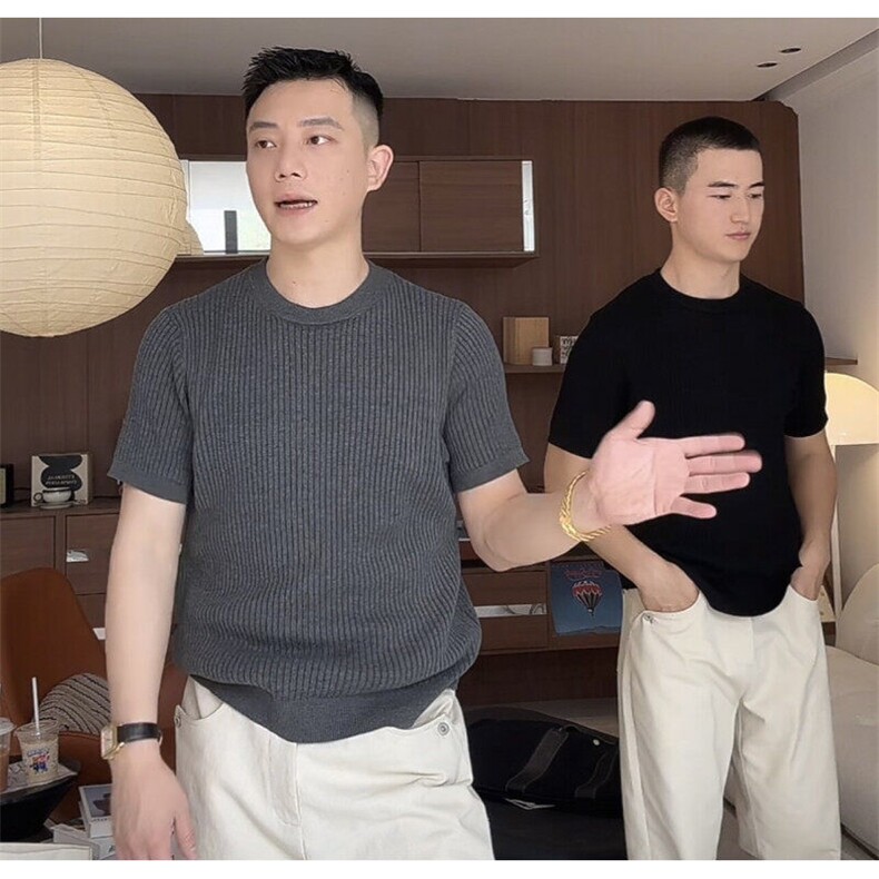 复古坑条纹针织透气轻柔休闲百搭打底纯色短袖上衣9615/P45,男装T恤,电商A243