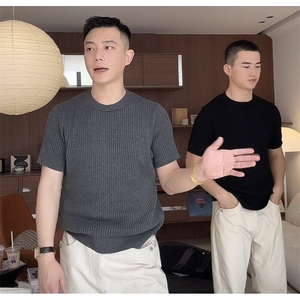 复古坑条纹针织透气轻柔休闲百搭打底纯色短袖上衣9615/P45图片