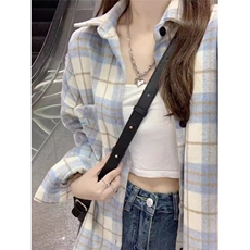 绿色格子衬衫女新款宽松春秋季设计港风chic学生衬衣长袖上衣外套，男装衬衫，星座506A