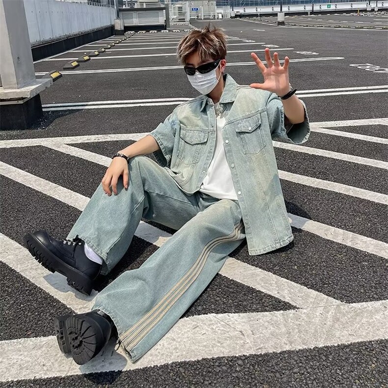 2024美式复古水洗三条杠牛仔外套短袖设计感牛仔套装TZ20-P98,男装休闲套装,星座313A-2