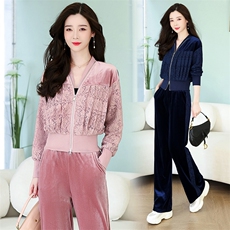 现货2023春装新品时尚两件套金丝绒蕾丝拼接套装，女装套装/套裙，依路服饰