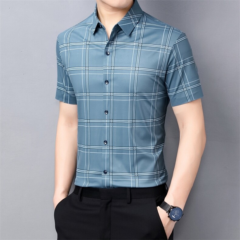 短袖衬衫男夏季新款条纹格子免烫寸衫中年薄款商务休闲上衣服P83,男装衬衫,钱塘6003A(原)4033A