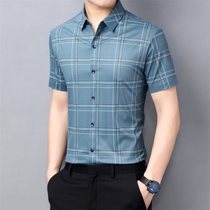 短袖衬衫男夏季新款条纹格子免烫寸衫中年薄款商务休闲上衣服P83图片