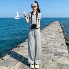 女夏新款小个子时尚休闲套装欧货纯色短袖拼接上衣高腰长裤两件套，女装套装/套裙，江南