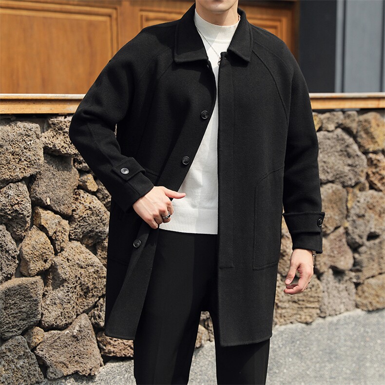 8634-P298中长款男士双面尼冬季羊毛风衣外套M-4Xl-黑色，男装风衣，电商A211