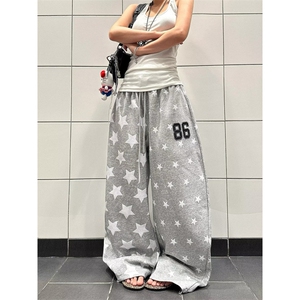 美式复古星星印花高街运动卫裤男女宽松阔腿拖地裤 S51 P49图片
