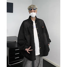 美式复古潮牌小众洗水做旧牛仔衬衫男宽松休闲长袖上衣W15533-p63，男装衬衫，星座1008