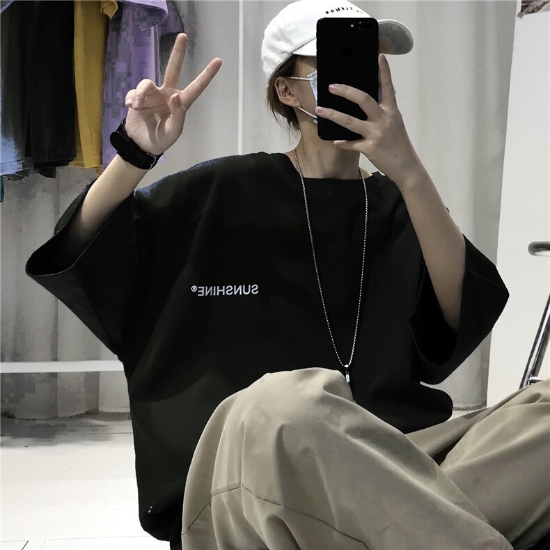 T06常年款男士休闲字母印花T恤衫外套圆领半袖五分袖TEE男女中性图片