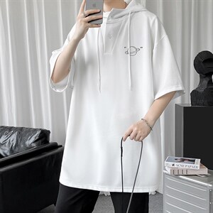 LD54238-P45 连帽短袖t恤男大码胖子带帽五分袖中袖图片