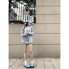 TC543-P45格纹衬衫女美式学院宽松百搭格子上衣防晒衬衣外套薄，女装衬衫，星座617A-2