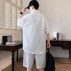夏季冰丝套装男痞帅潮流短袖衬衫短裤一套格子薄款运动休闲两件套，男装衬衫，星座506A