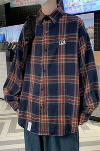 C83潮牌宽松酒红色格子衬衫男女情侣街头流行通勤长袖衬衣薄外套图片
