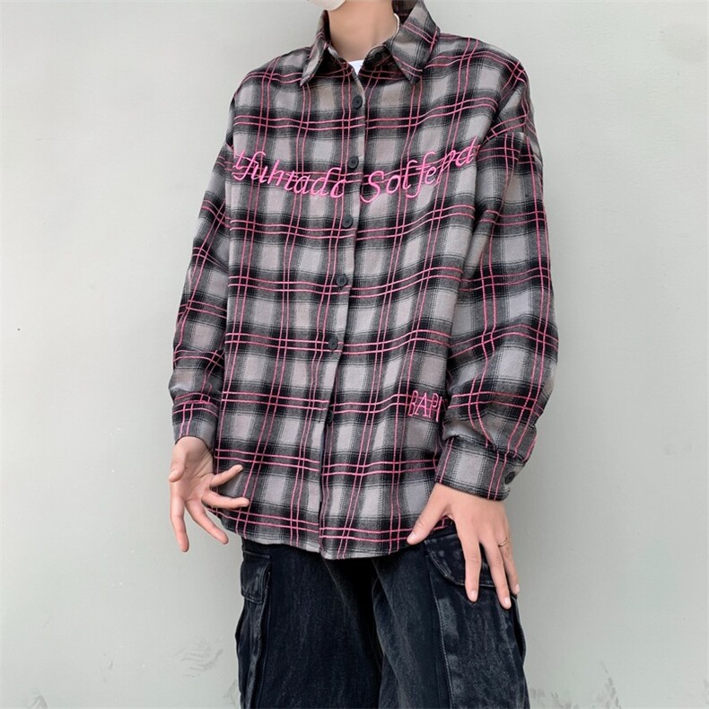 vintage美式刺绣格子衬衫短袖男痞帅高级感格纹衬衣cle,男装T恤,星座218-1（原230）