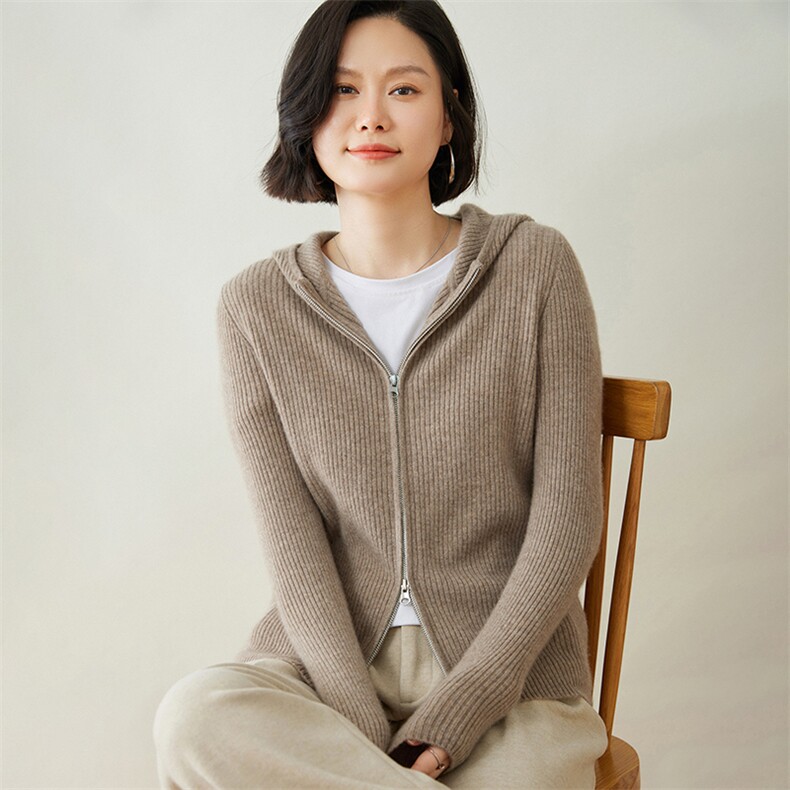 时尚百搭红色羊绒开衫女款抽条拉链帽衫,女装羊绒衫,迎冬羊绒