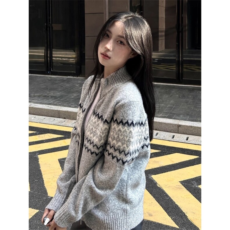 费尔岛针织开衫女早秋穿搭半高领毛衣拉链外套宽松慵懒风软糯上衣,男装针织衫/毛衣,星座506A