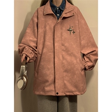 1中性风PU皮复古做旧可拆卸四芒星胸针设计夹克男JK77757P90控128，女装短外套，星座226-2