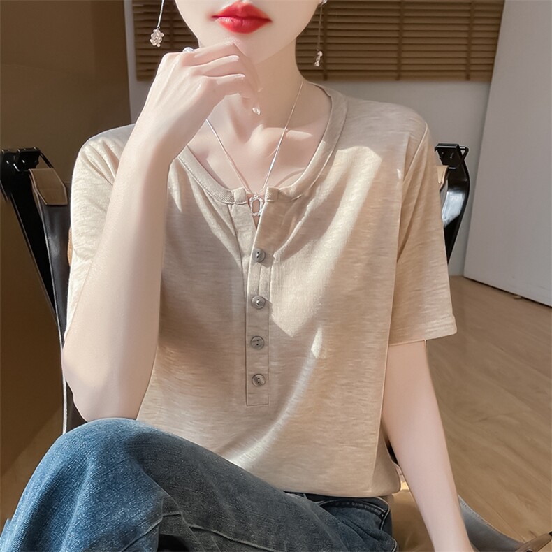 春秋短袖高档新款简约四扣半开圆领薄款打底衫女t恤针织上衣,针织衫/毛衣,绒宛羊绒