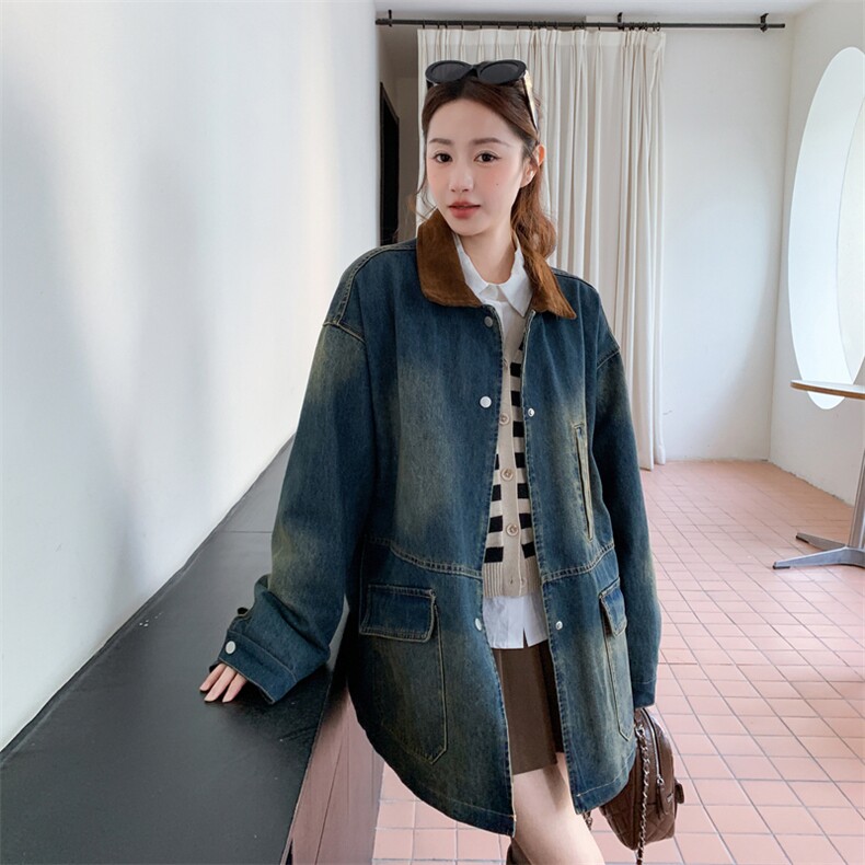 新款店里大货复古色中长款牛仔外套p165k268,女装风衣,2C295
