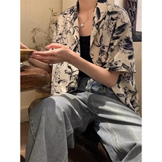 日系慵懒风短袖碎花衬衫女夏季薄款宽松百搭复古学生上衣C209，男装T恤，星座1116A（原606A-3）