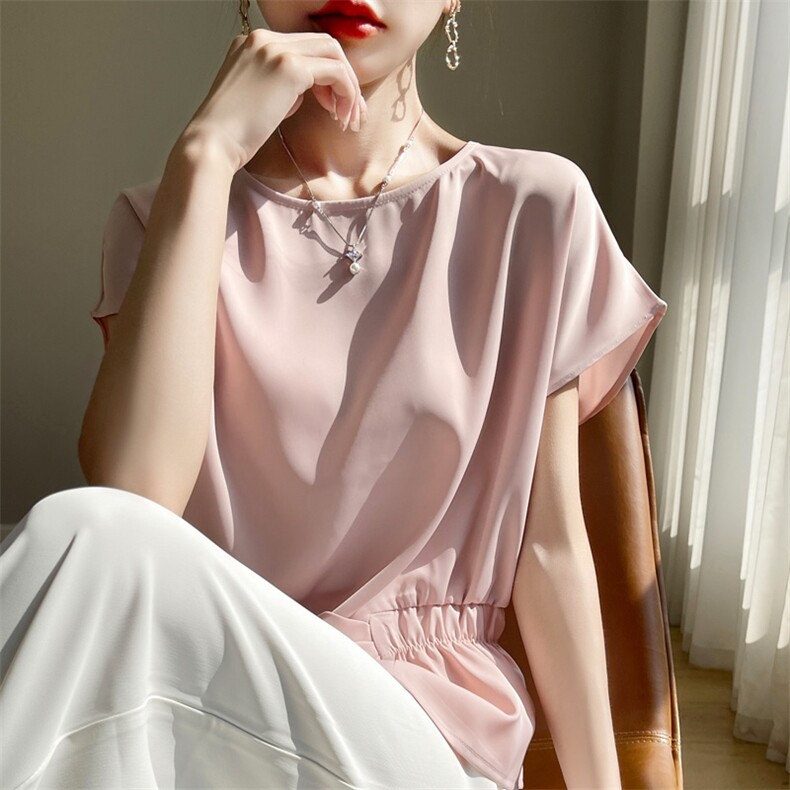 圆领腰部半松紧短袖纯色时尚百搭，女装T恤，素语电商供货