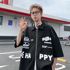 405A港风设计感拉链装饰印花衬衫短袖T恤CS03-P45控68，男装T恤，星座405A