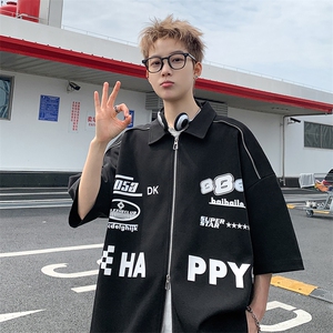405A  港风设计感拉链装饰印花衬衫短袖T恤   CS03-P45控68图片