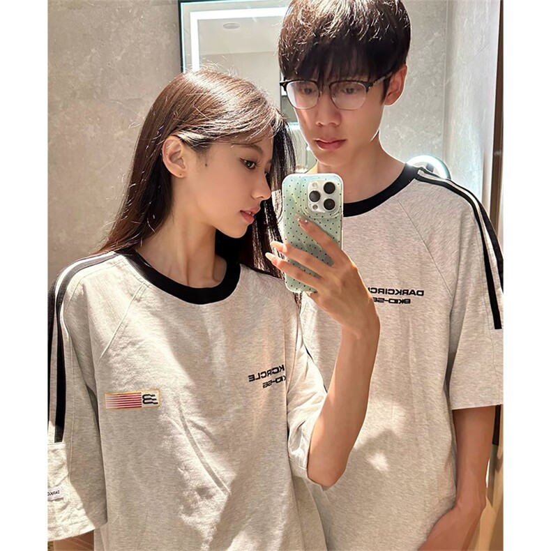 抖音得物供货240克宽松纯棉美式潮牌印花三杠半织带短袖T恤AT1604,男装T恤,电商A443