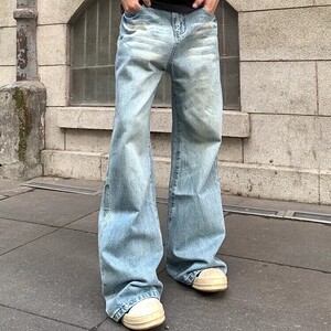 25美式复古做旧冰蓝色微喇显瘦牛仔裤宽松直筒百搭高街裤G016P50图片