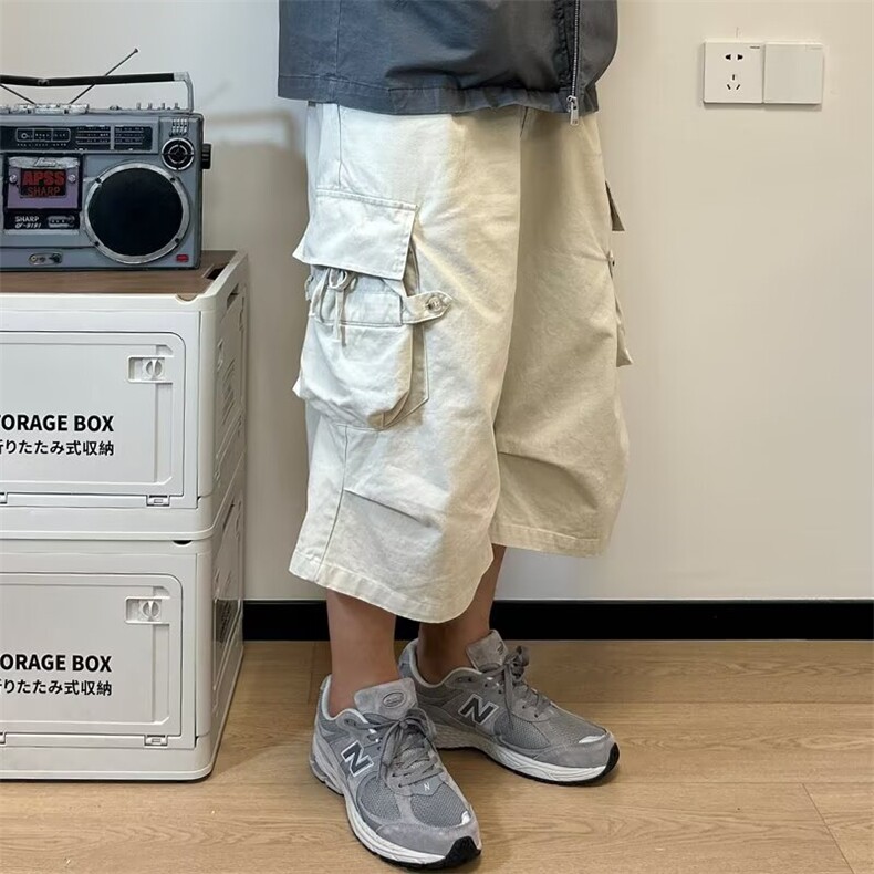 夏季日系复古水洗棉多口袋工装七分裤男女纯色宽松直筒过膝短裤潮,男装牛仔裤,星座506A