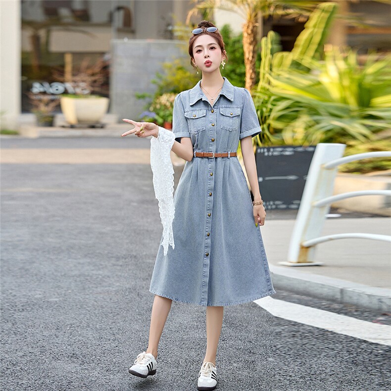复古牛仔连衣裙女2025夏季新款通勤风收腰显瘦时尚气质薄款裙子潮,女装牛仔裙,辉煌依升