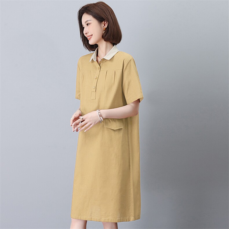 翻领棉麻中长款衬衫裙女夏季新款短袖裙子宽松显瘦气质遮肉连衣裙,女装连衣裙,阿丹