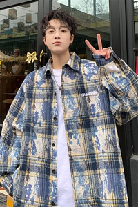 衬衫男秋季新款港风宽松扎染刺绣格子长袖衬衣CS3098-特P30无差价图片