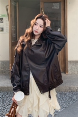 【现货主推】法式复古皮衣外套女2025春秋季新款宽松气质中长1389，女装皮衣，欣美人