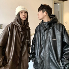 港风连帽鳄鱼纹PU皮衣大码情侣休闲冲锋衣夹克男JK8744P90控128，男装夹克，星座226-2
