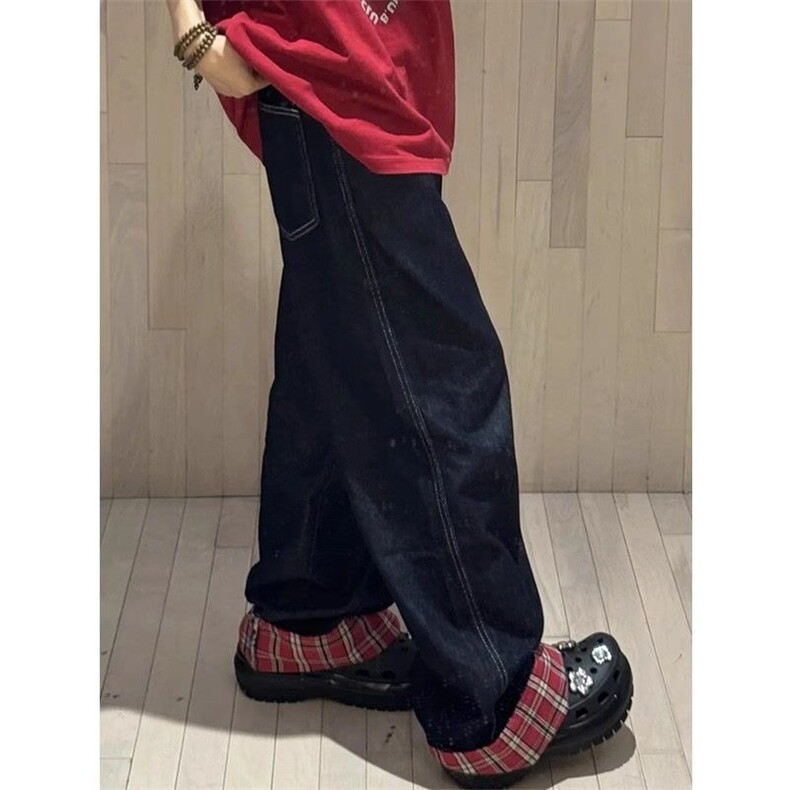 美式原创复古格子拼接牛仔裤卷边男女宽松阔腿直筒设计长裤裤子,男装牛仔裤,星座1210-1