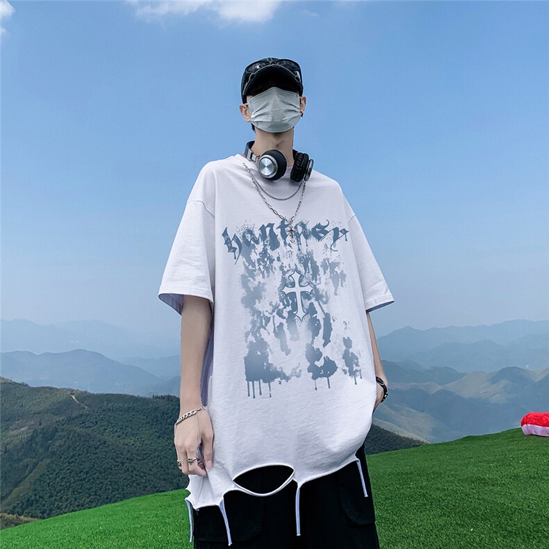 港风23夏季时尚字母印花百搭流苏圆领水洗短袖T恤DT6340P45控68,男装T恤,电商A268A