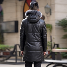 1719钱塘2021-1中长款连帽皮衣羽绒服600，男装皮衣，钱塘207-1