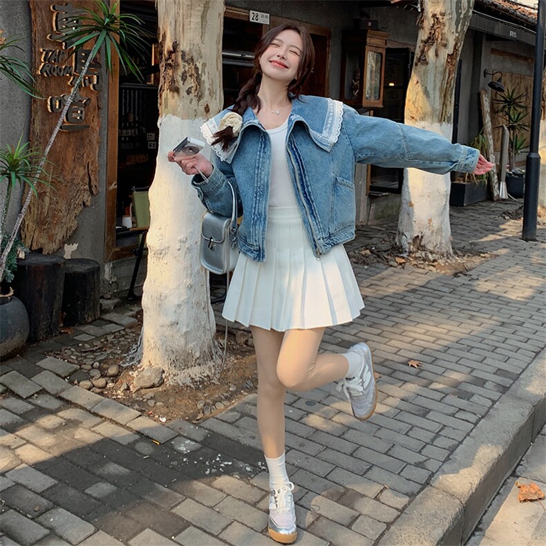 港风甜美蕾丝拼接牛仔外套女小个子2025春季新款短款钉珠翻领上衣,女装牛仔外套,蝶眷