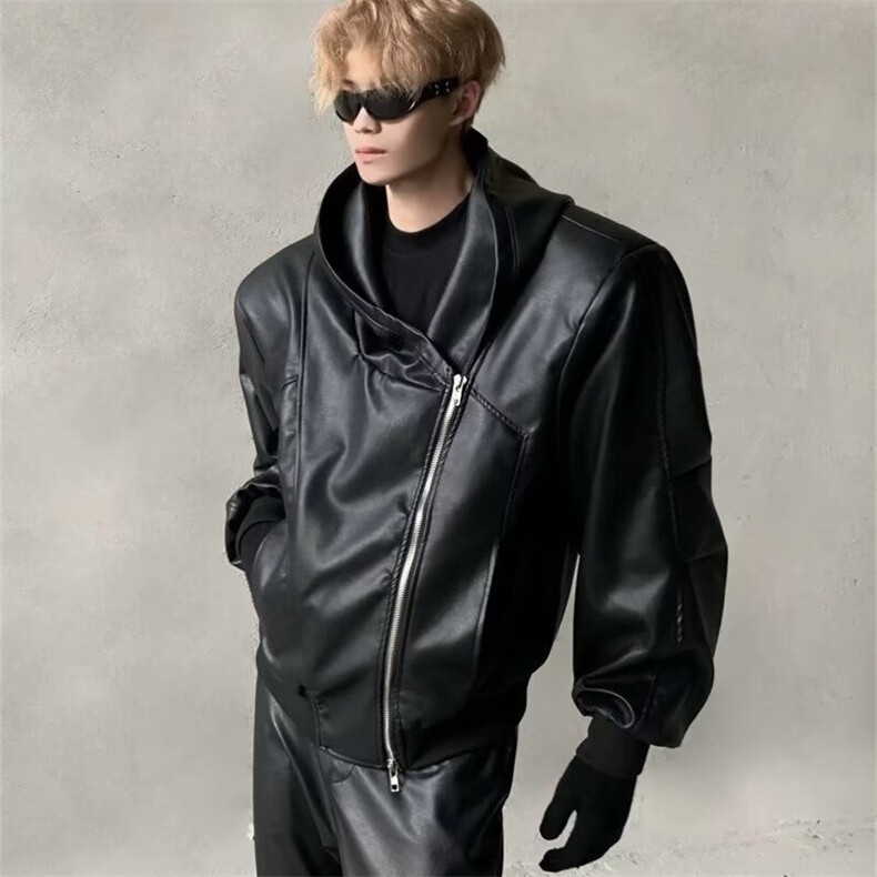 HT97-P65 欧美嘻哈街头拉链解构连帽皮衣外套男小众潮牌高级感图片