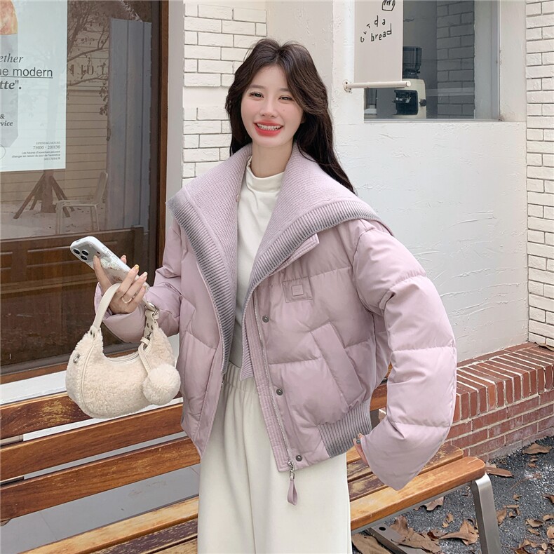 韩系chic针织领粉色羽绒服女冬超火好看高级小众漂亮短款加厚外套,女装羽绒服,2C307