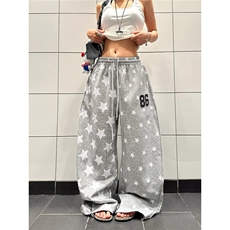美式复古星星印花高街运动卫裤男女宽松阔腿拖地裤S51P49，男装休闲裤，星座1112-1