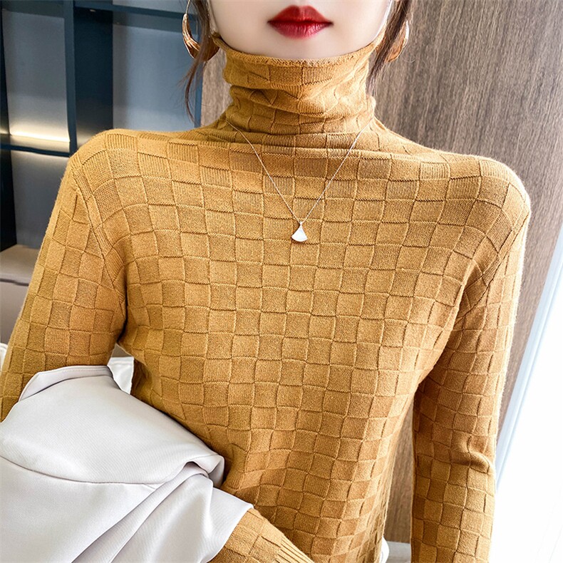 方块堆堆领2024秋装新款韩版显瘦套头女士针织打底上衣潮图片