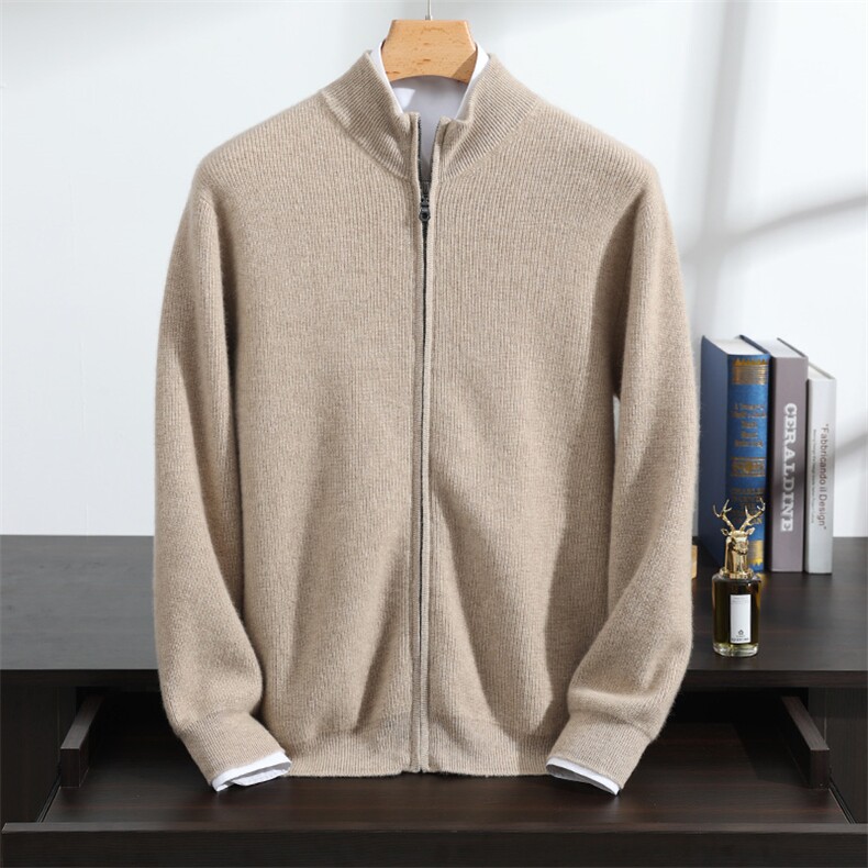 2025年秋季新款百搭元宝针YKK拉链半高开衫，男装羊绒套衫，澳坤羊绒