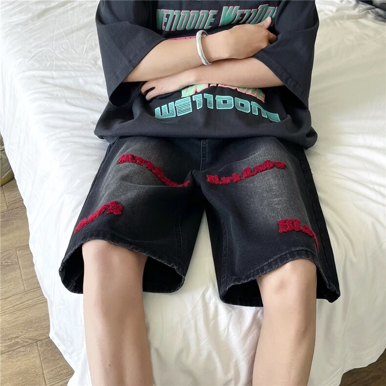 刺绣牛仔短裤男款夏季美式高街水洗五分裤潮牌欧美设计感小众裤子，男装牛仔裤，星座1210-1