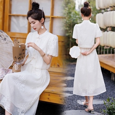 温柔绝美白色刺绣套装连衣裙女2024夏季新款盘扣衬衣半身裙两件套，女装套装/套裙，慧尚依恋