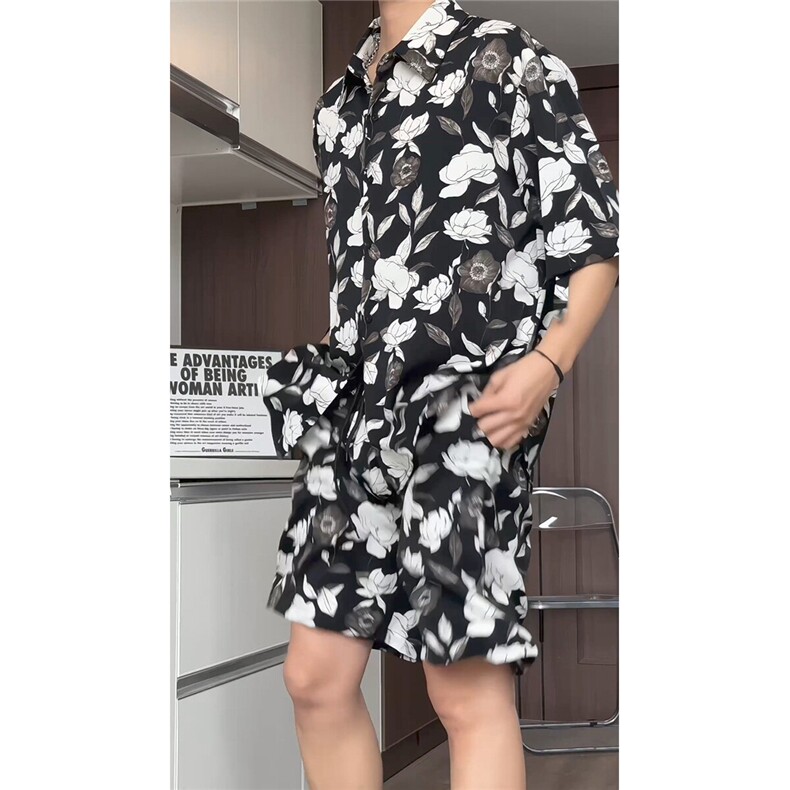 短袖衬衫男+短裤男套装男100%聚酯纤维M-5XL大码TZ78709P50控98,男装休闲套装,星座226-1