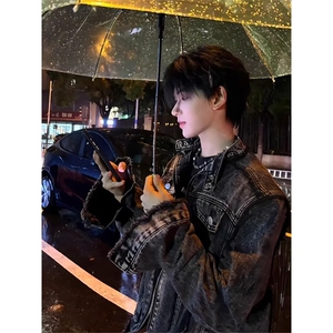 cleanfi垫肩短款牛仔外套男秋季新款痞帅宽松休闲夹克WLJK122-P80图片